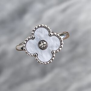 Elegant White Stainless Steel Clover Ring - Size 7